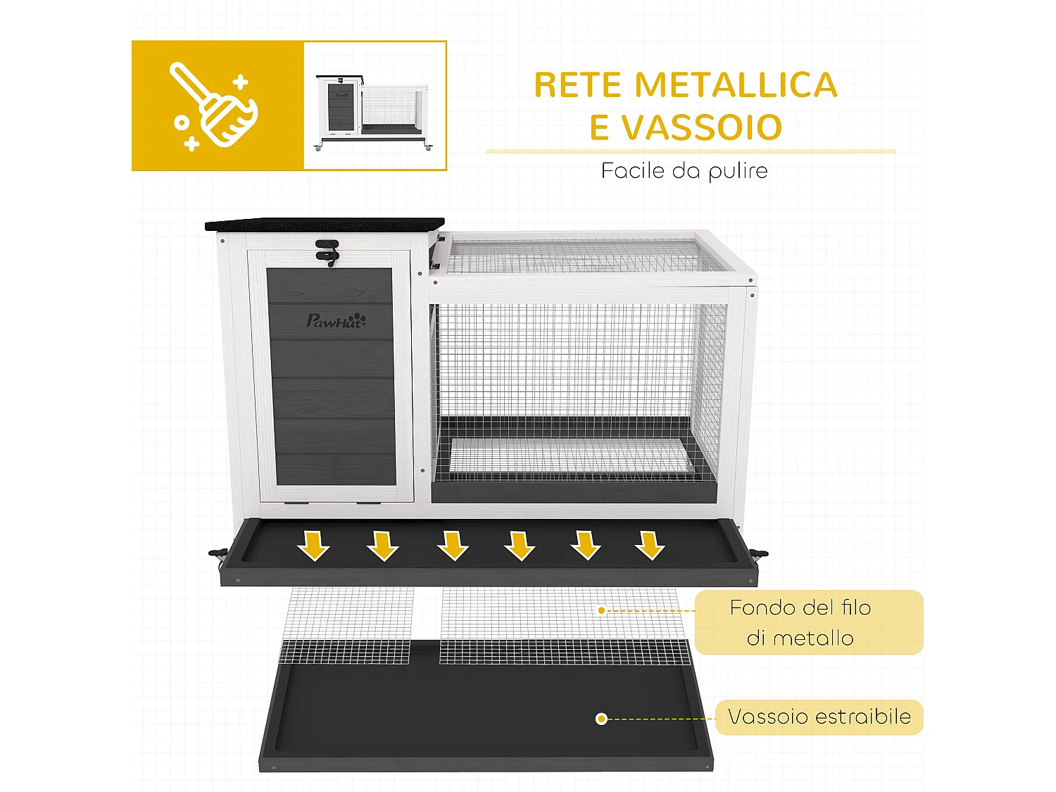 Conigliera da esterno a rotelle con vassoio estraibile multicolore