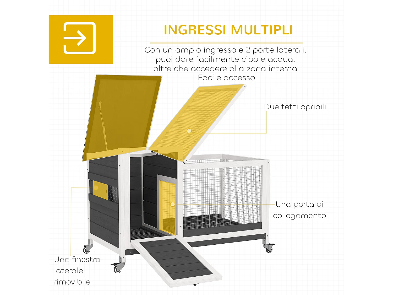 Conigliera da esterno a rotelle con vassoio estraibile multicolore