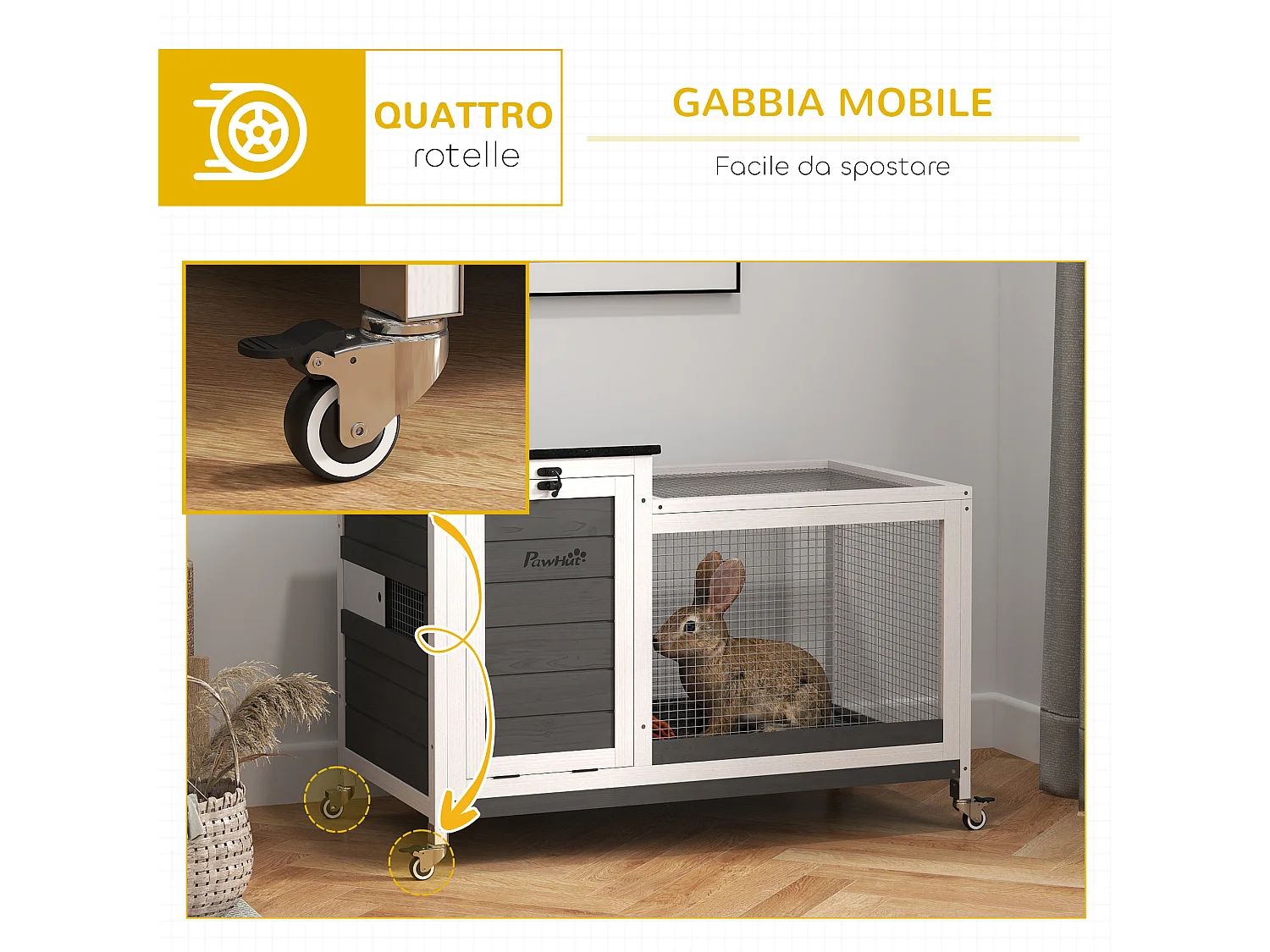 Conigliera da esterno a rotelle con vassoio estraibile multicolore