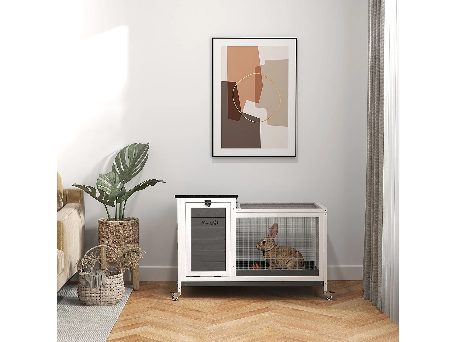 Conigliera da esterno a rotelle con vassoio estraibile multicolore