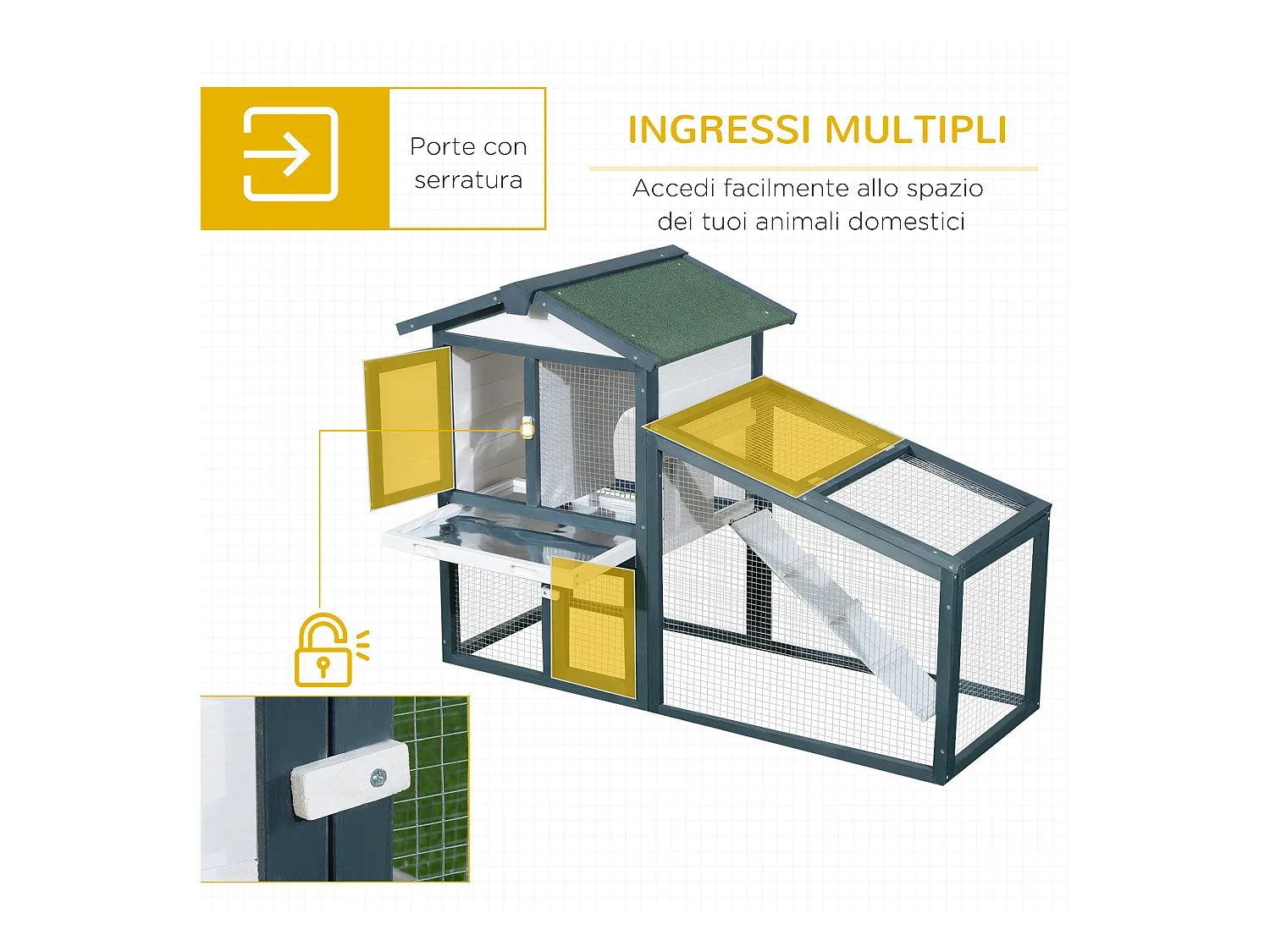 Gabbia per conigli e piccoli animali, legno di abete e doppia porta