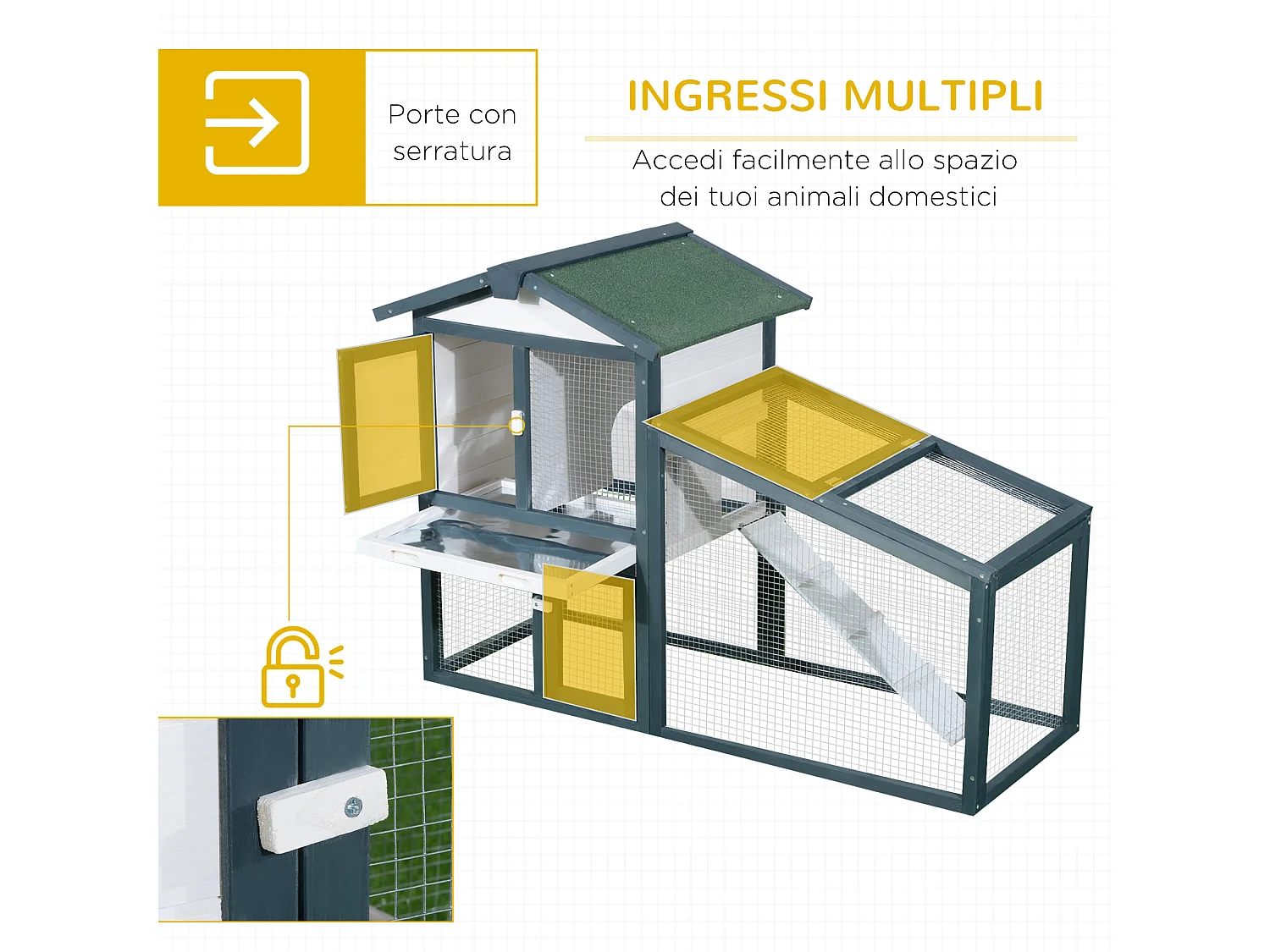 Gabbia per conigli e piccoli animali, legno di abete e doppia porta