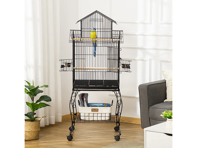 Gabbia per uccelli da interni in acciaio e legno a 4 ruote con trespolo