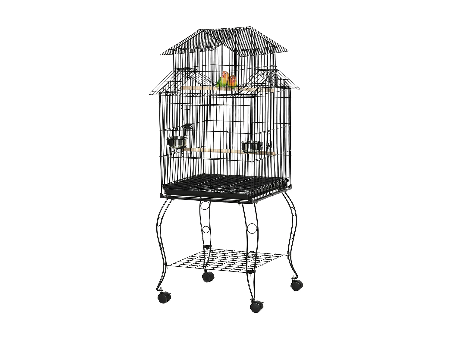 Gabbia per uccelli da interni in acciaio e legno a 4 ruote con trespolo