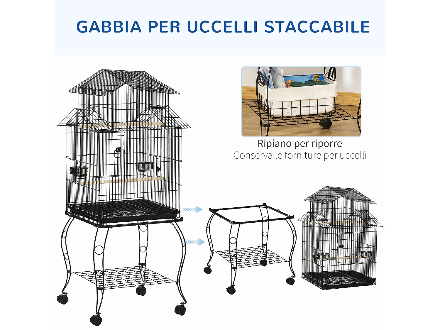Gabbia per uccelli da interni in acciaio e legno a 4 ruote con trespolo