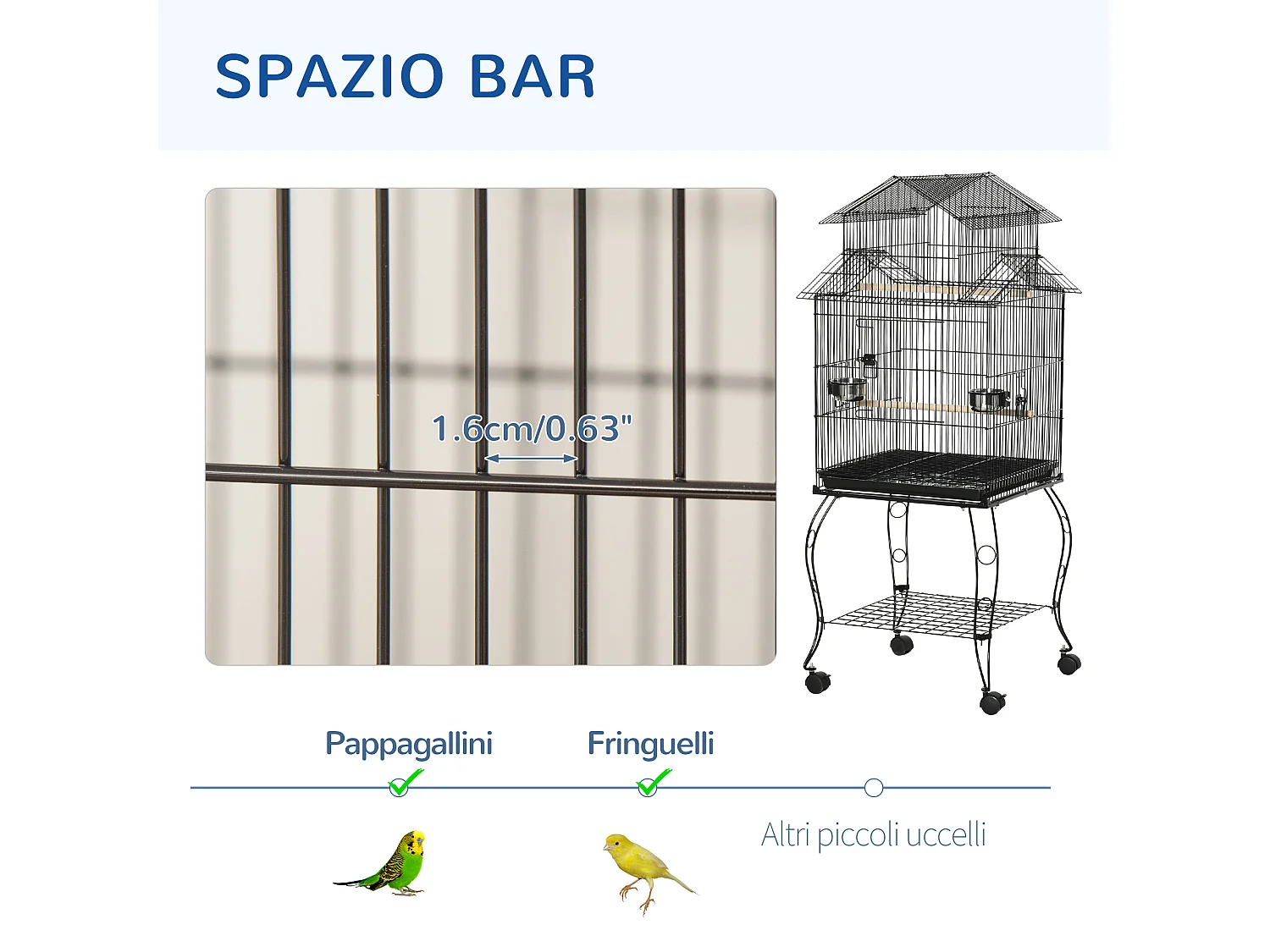 Gabbia per uccelli da interni in acciaio e legno a 4 ruote con trespolo