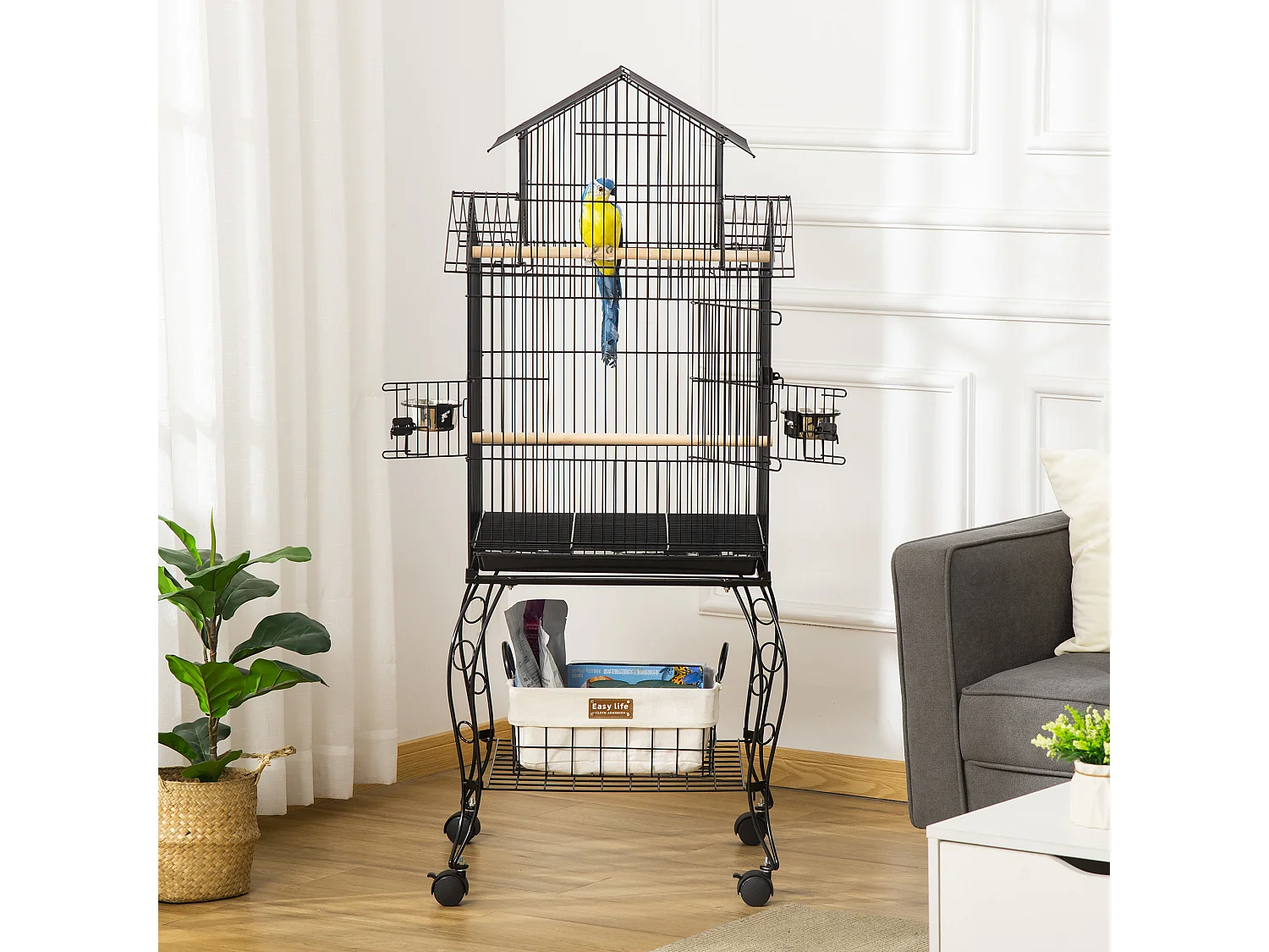 Gabbia per uccelli da interni in acciaio e legno a 4 ruote con trespolo