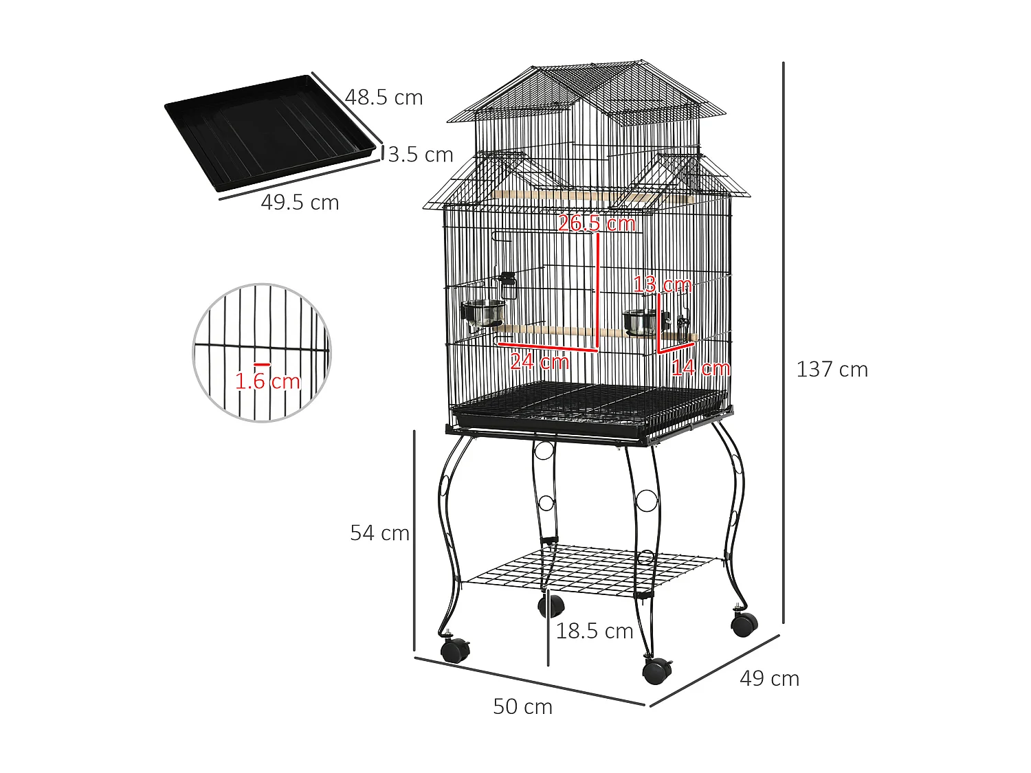 Gabbia per uccelli da interni in acciaio e legno a 4 ruote con trespolo