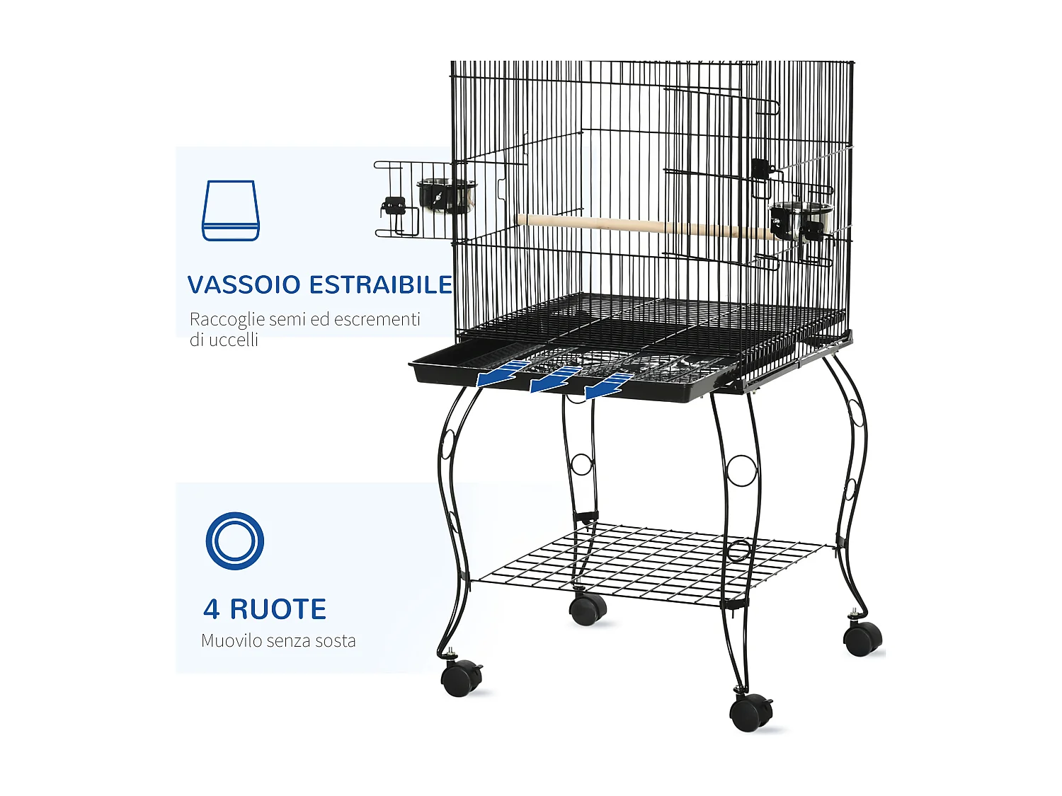 Gabbia per uccelli da interni in acciaio e legno a 4 ruote con trespolo