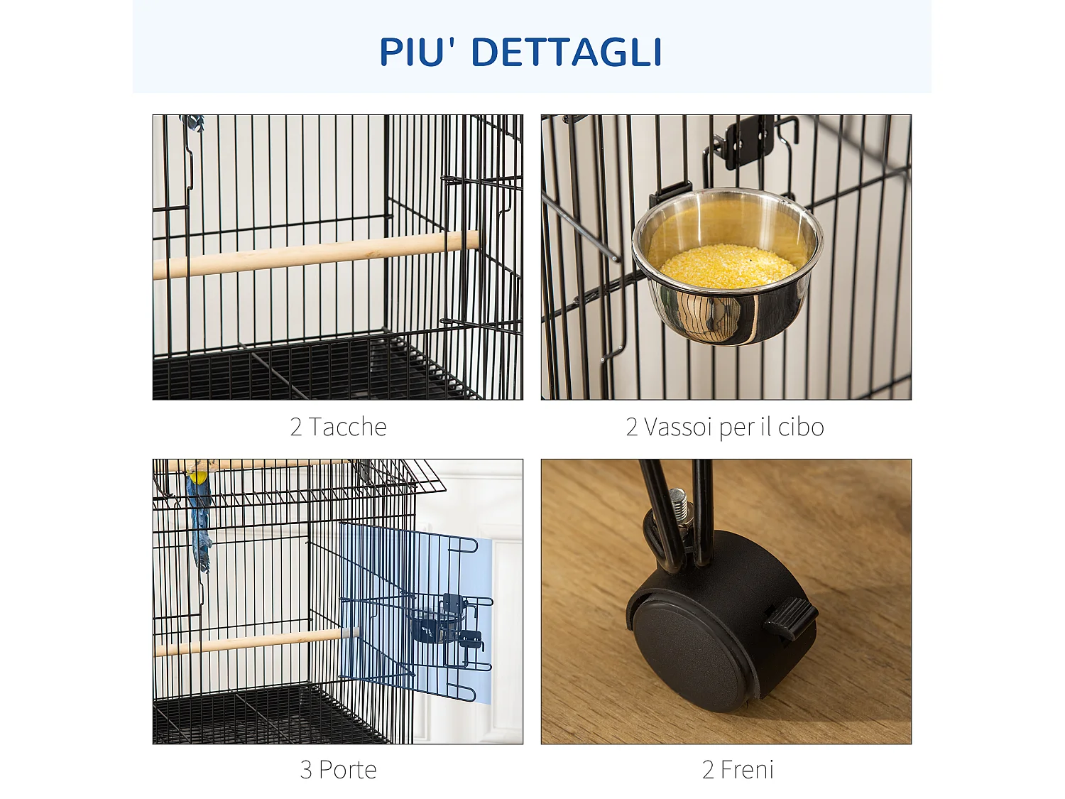 Gabbia per uccelli da interni in acciaio e legno a 4 ruote con trespolo