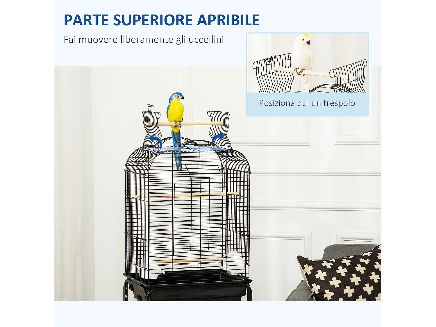 Gabbia per uccelli con 3 posatoi e 2 ciotole in acciaio e pp nera