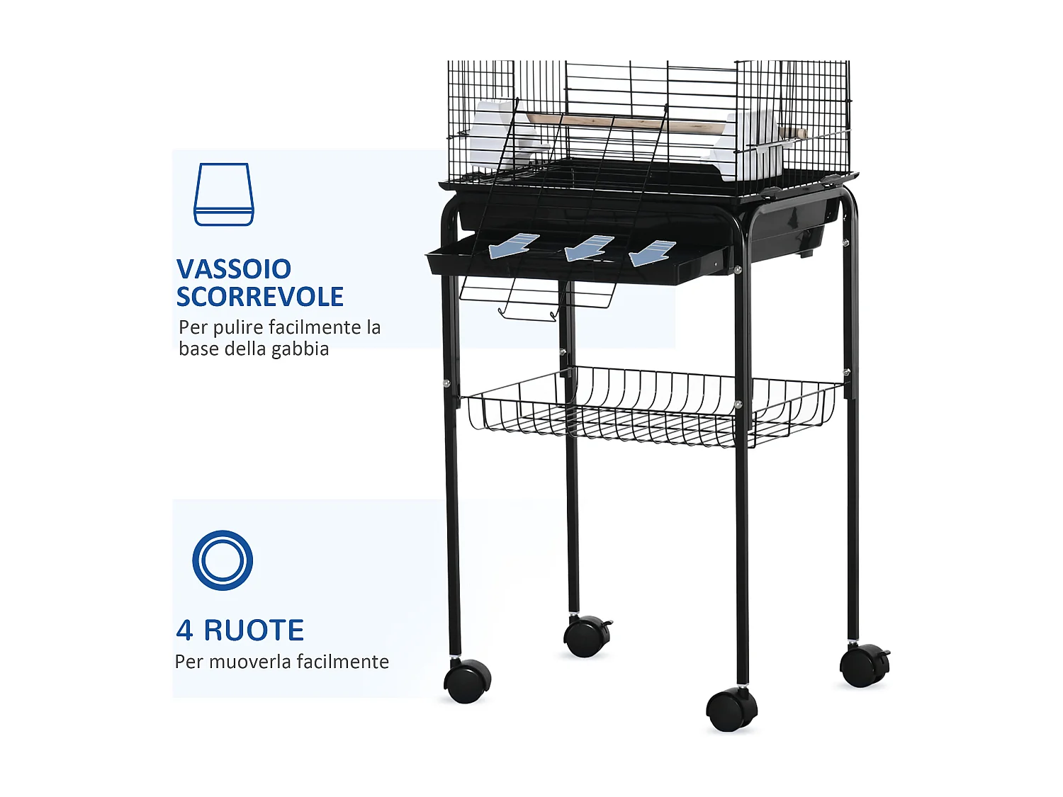 Gabbia per uccelli con 3 posatoi e 2 ciotole in acciaio e pp nera