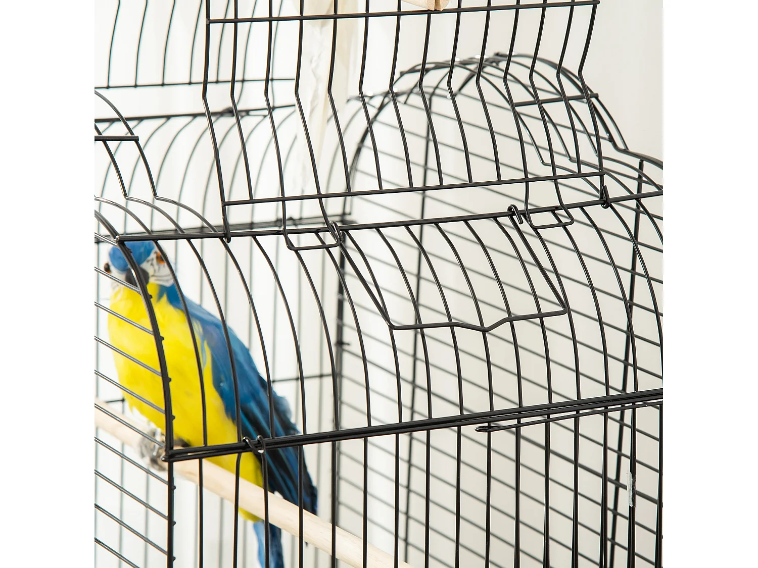 Gabbia per uccelli con 3 posatoi e 2 ciotole in acciaio e pp nera