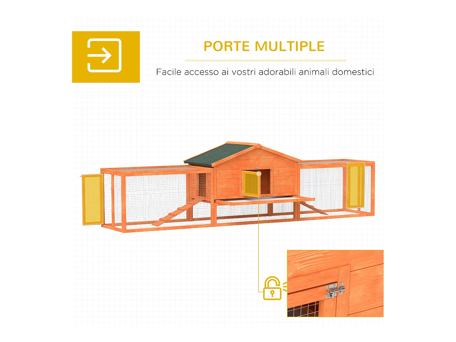 Conigliera da esterno con casetta e 2 recinti in legno 309x69.5x87cm