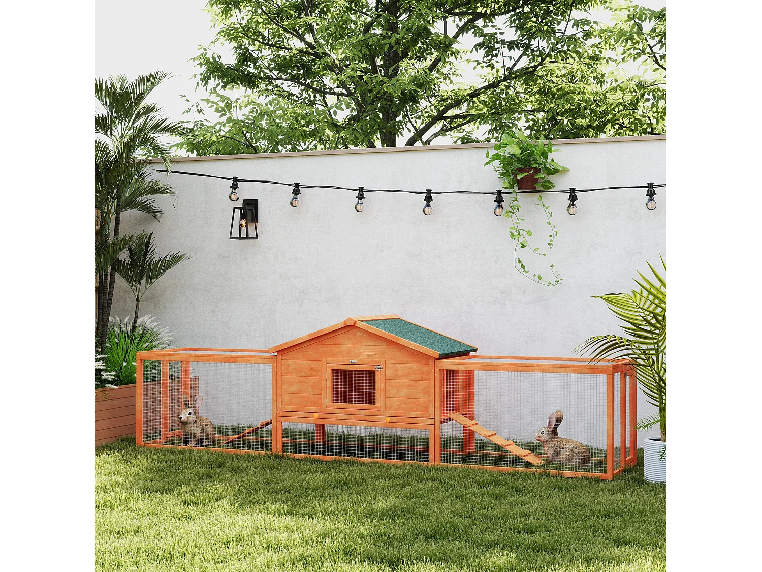 Conigliera da esterno con casetta e 2 recinti in legno 309x69.5x87cm