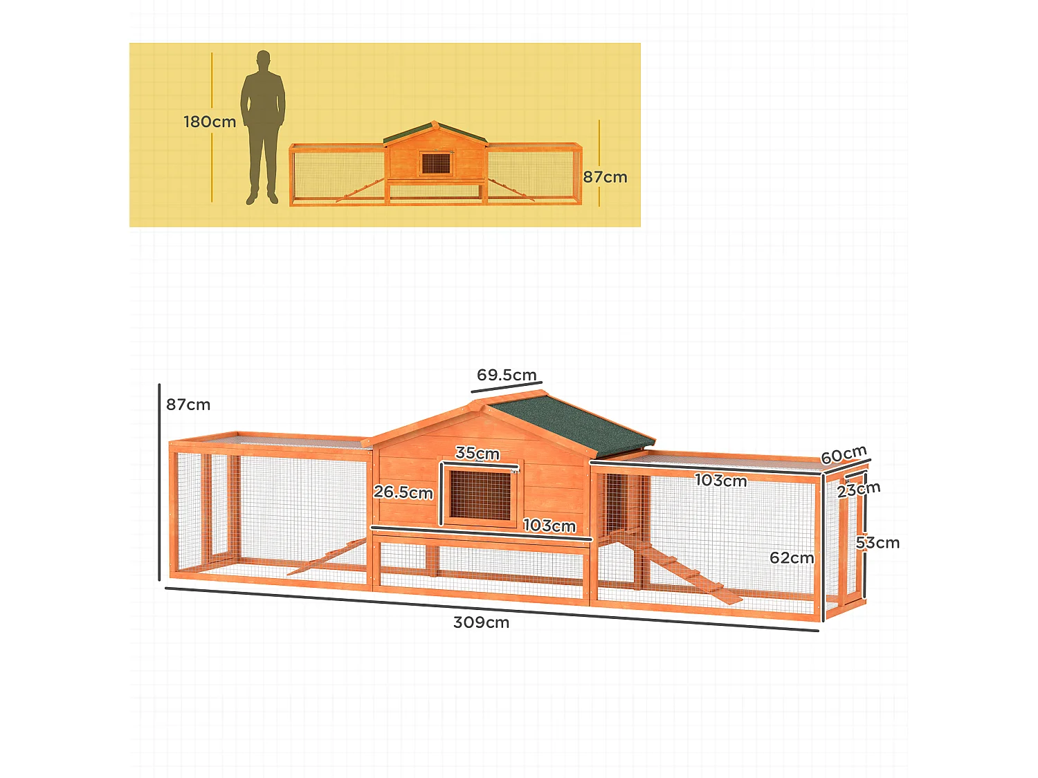 Conigliera da esterno con casetta e 2 recinti in legno 309x69.5x87cm