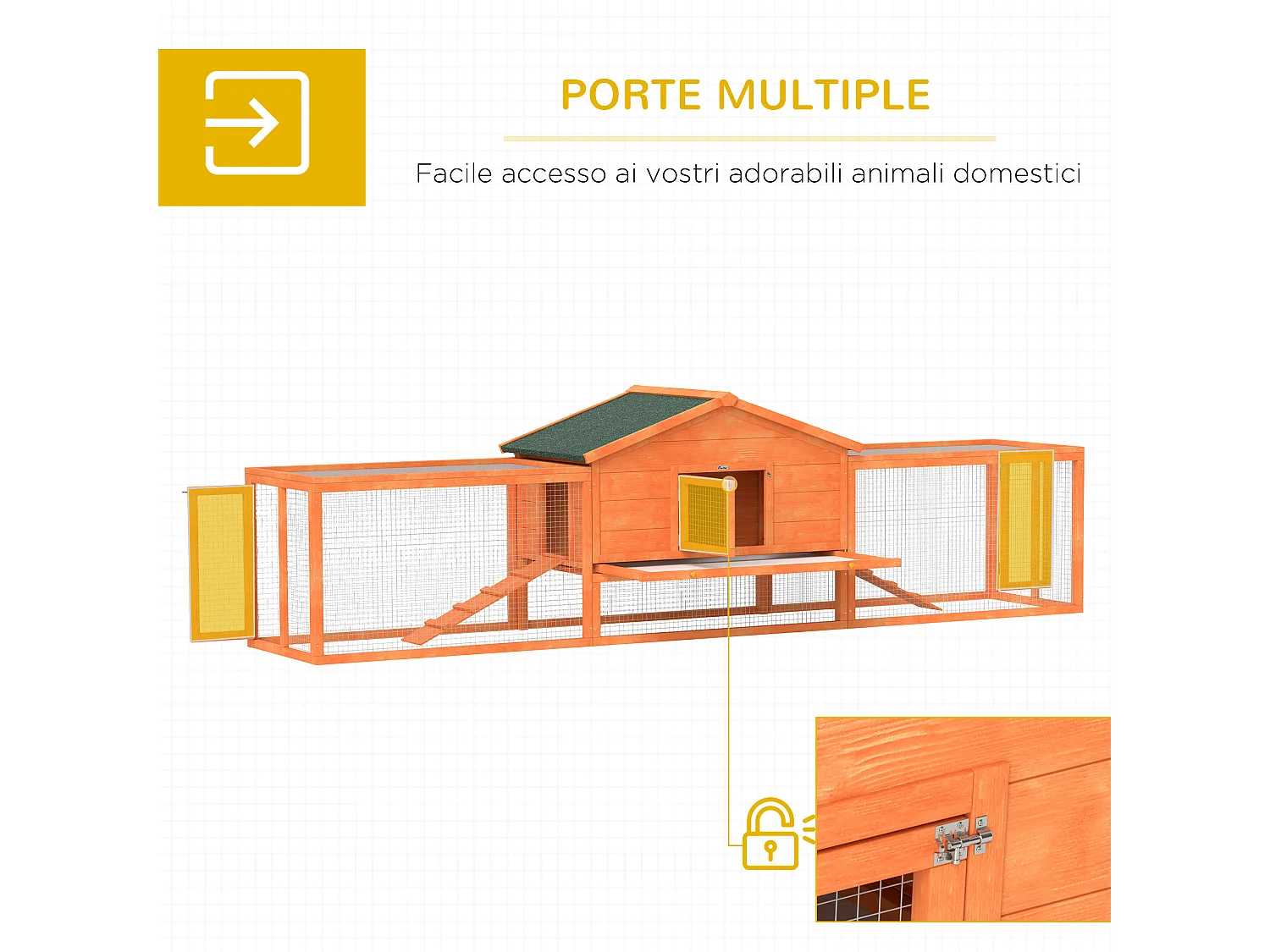 Conigliera da esterno con casetta e 2 recinti in legno 309x69.5x87cm