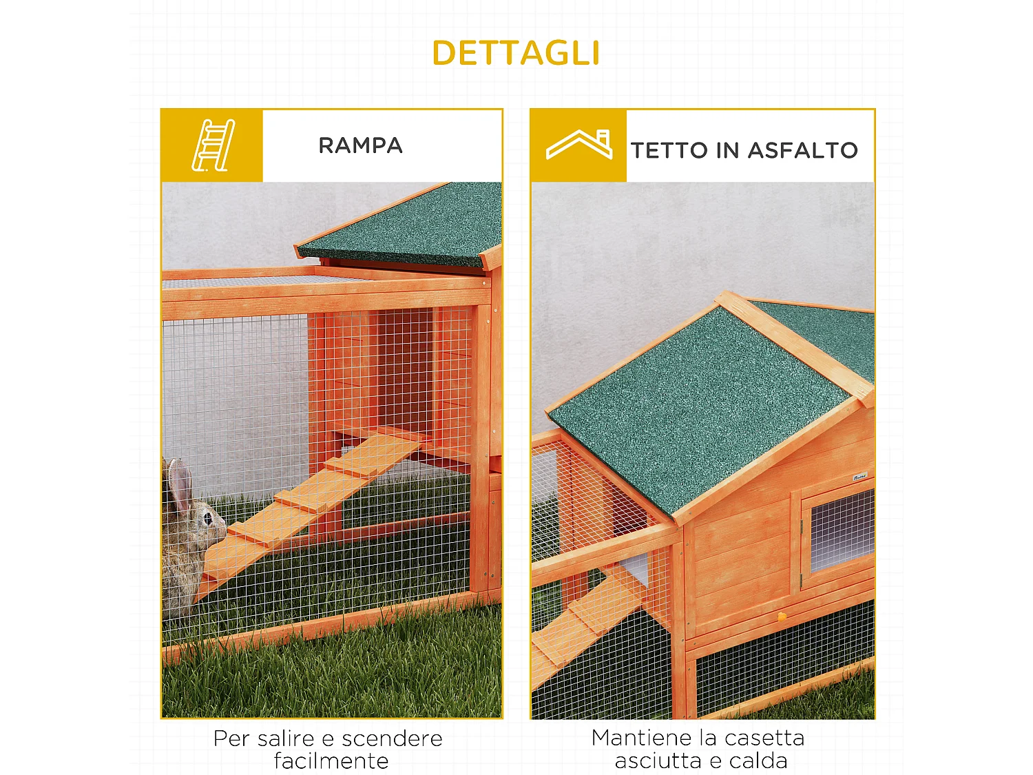 Conigliera da esterno con casetta e 2 recinti in legno 309x69.5x87cm