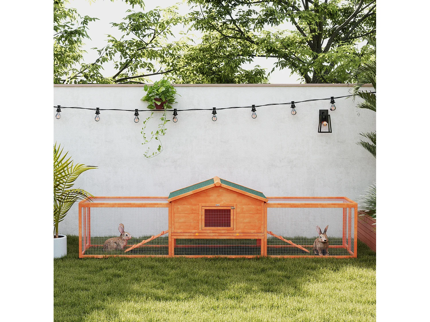 Conigliera da esterno con casetta e 2 recinti in legno 309x69.5x87cm