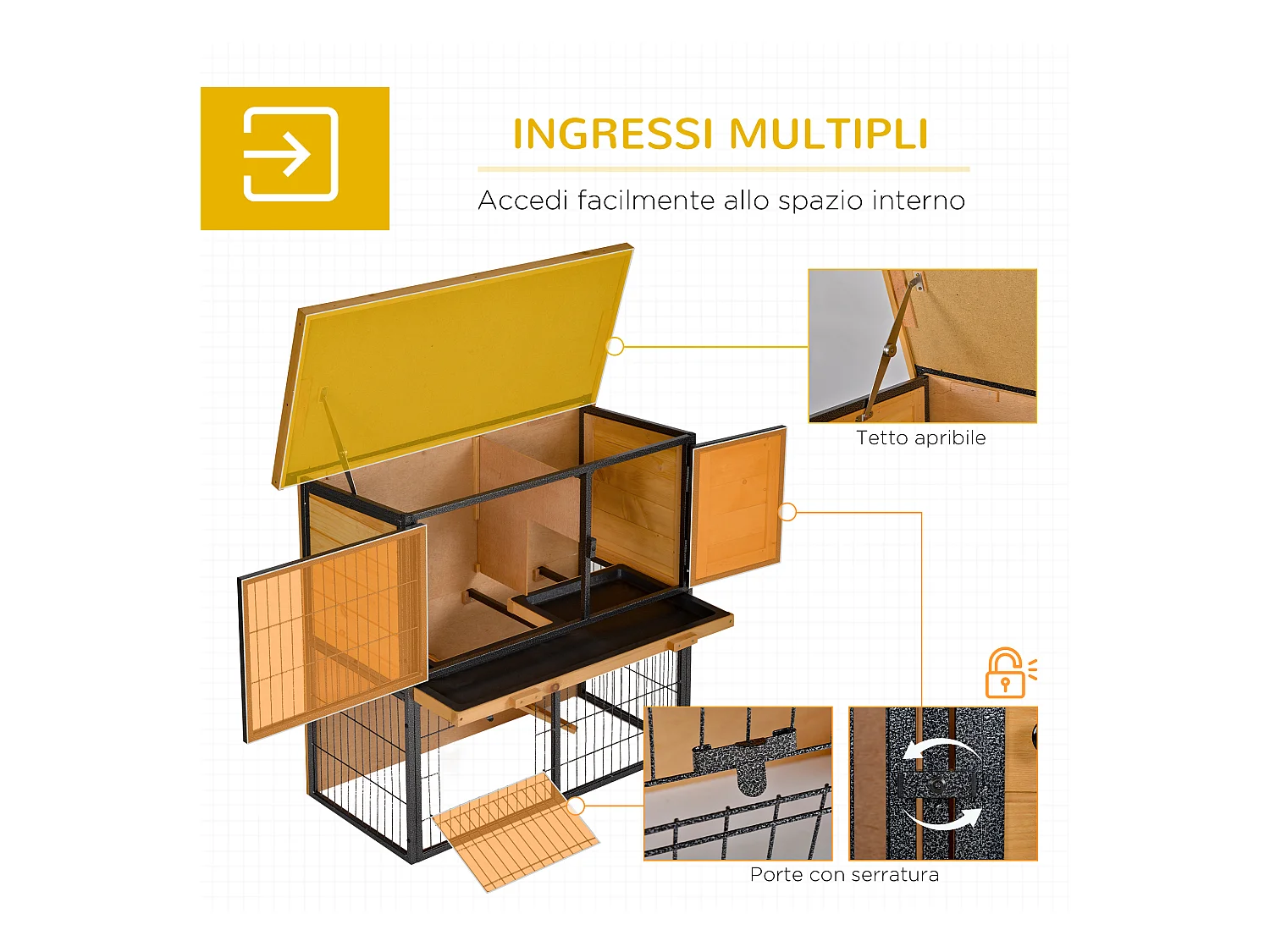 Gabbia per conigli con rampa e area aperta conigliera legno e metallo