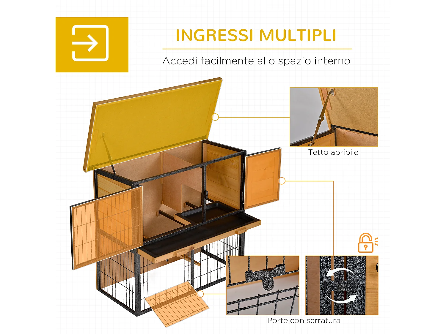 Gabbia per conigli con rampa e area aperta conigliera legno e metallo