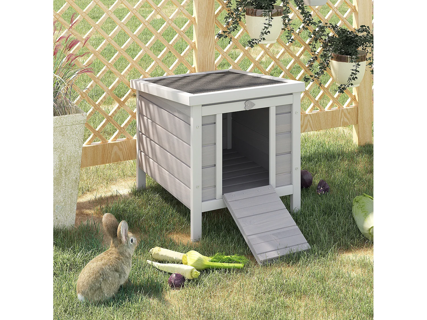 Gabbia per conigli con tetto in asfalto e rampa di accesso antiscivolo