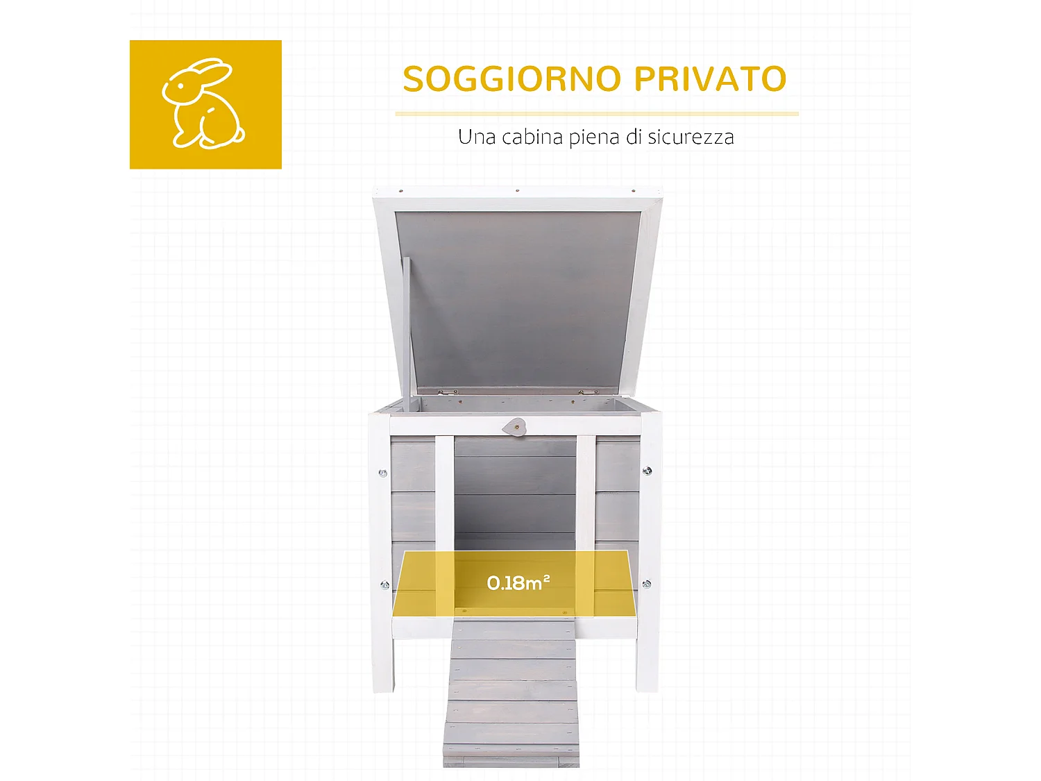 Gabbia per conigli con tetto in asfalto e rampa di accesso antiscivolo