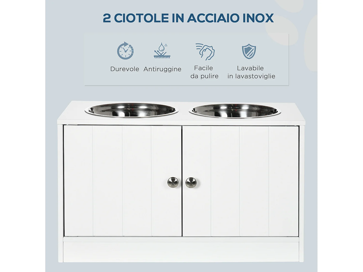Ciotole per cani rialzate con armadietto e 2 ciotole in acciaio bianco