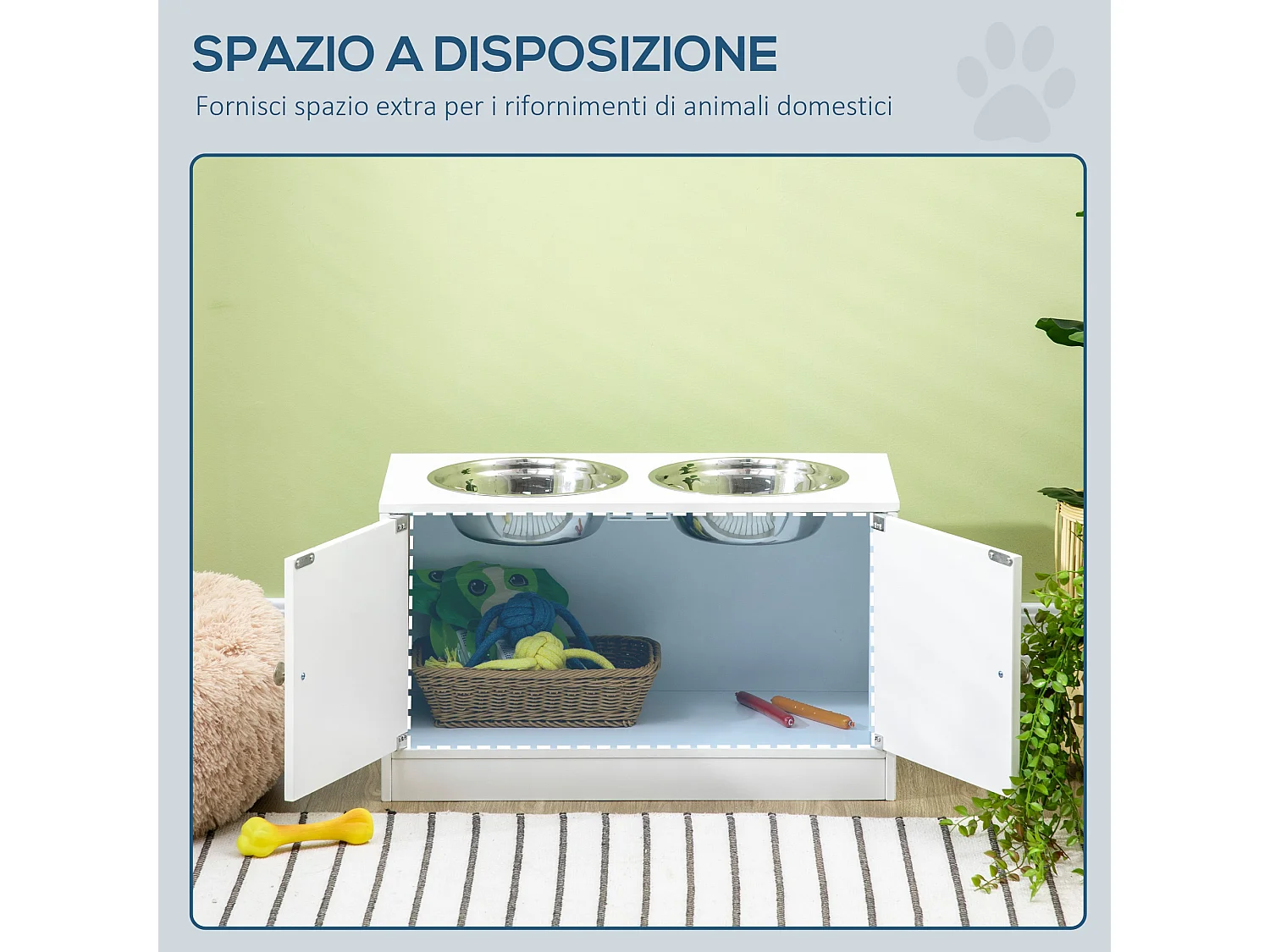 Ciotole per cani rialzate con armadietto e 2 ciotole in acciaio bianco