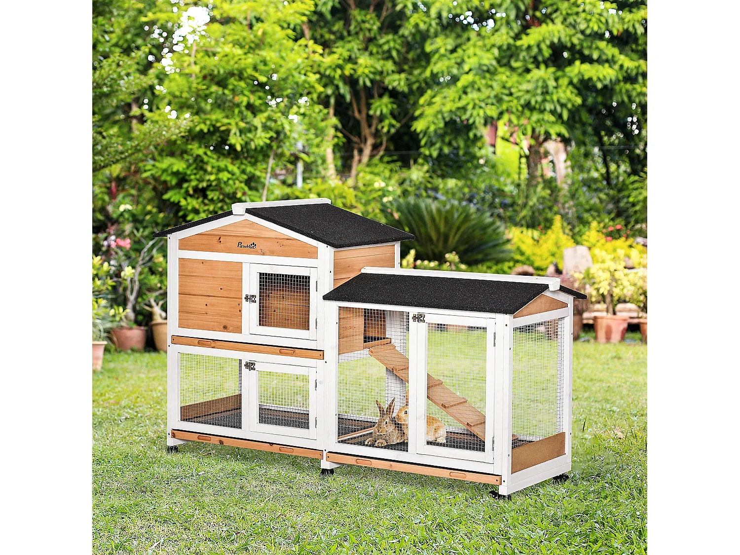 Conigliera a 2 livelli in legno con rete protettiva 157.4x53x99.5 cm