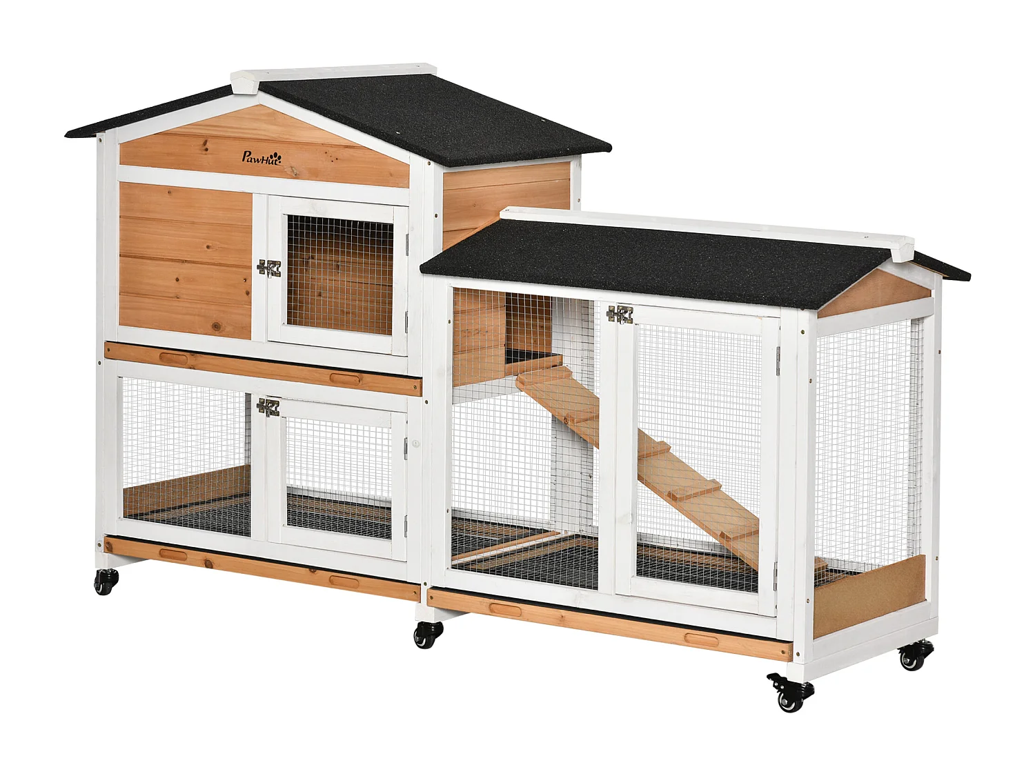 Conigliera a 2 livelli in legno con rete protettiva 157.4x53x99.5 cm