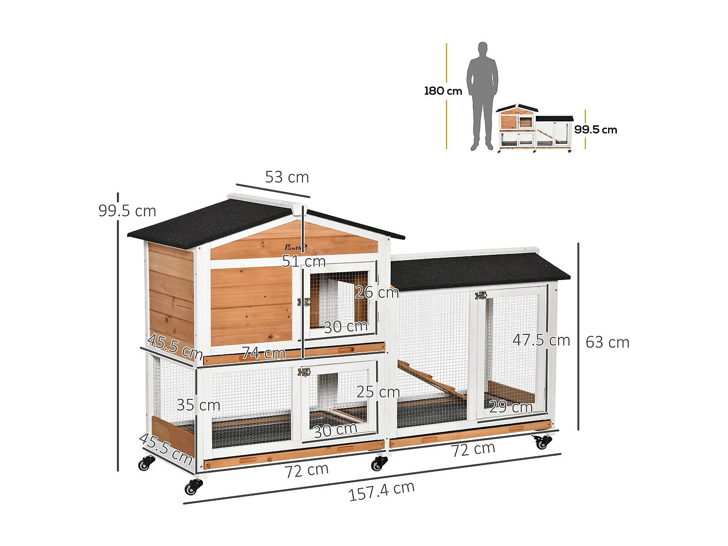 Conigliera a 2 livelli in legno con rete protettiva 157.4x53x99.5 cm