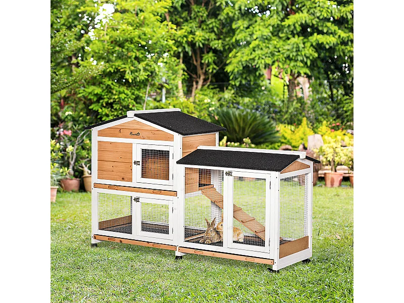 Conigliera a 2 livelli in legno con rete protettiva 157.4x53x99.5 cm