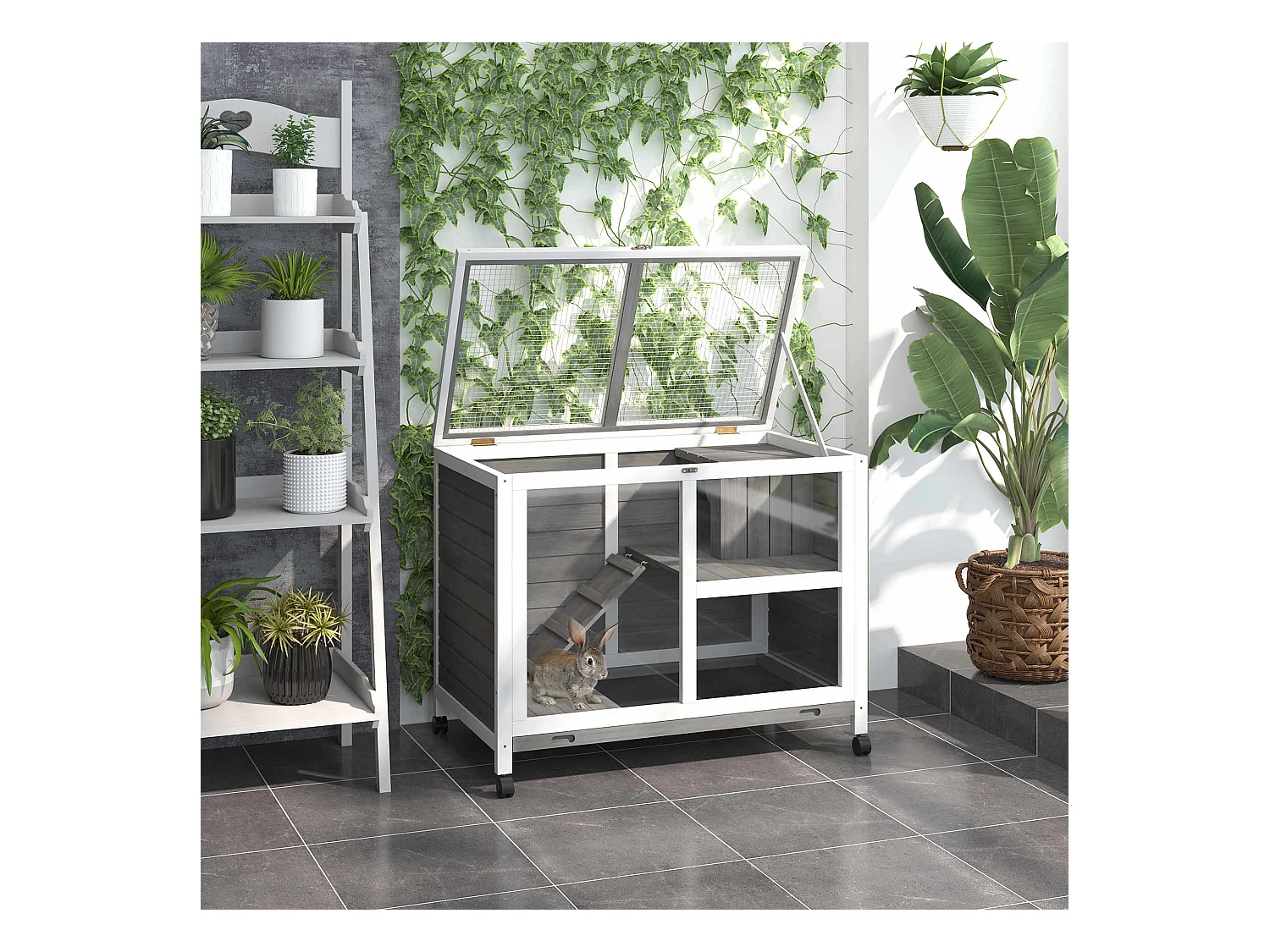 Conigliera in legno 2 piani con casetta rampa e vassoio estraibile