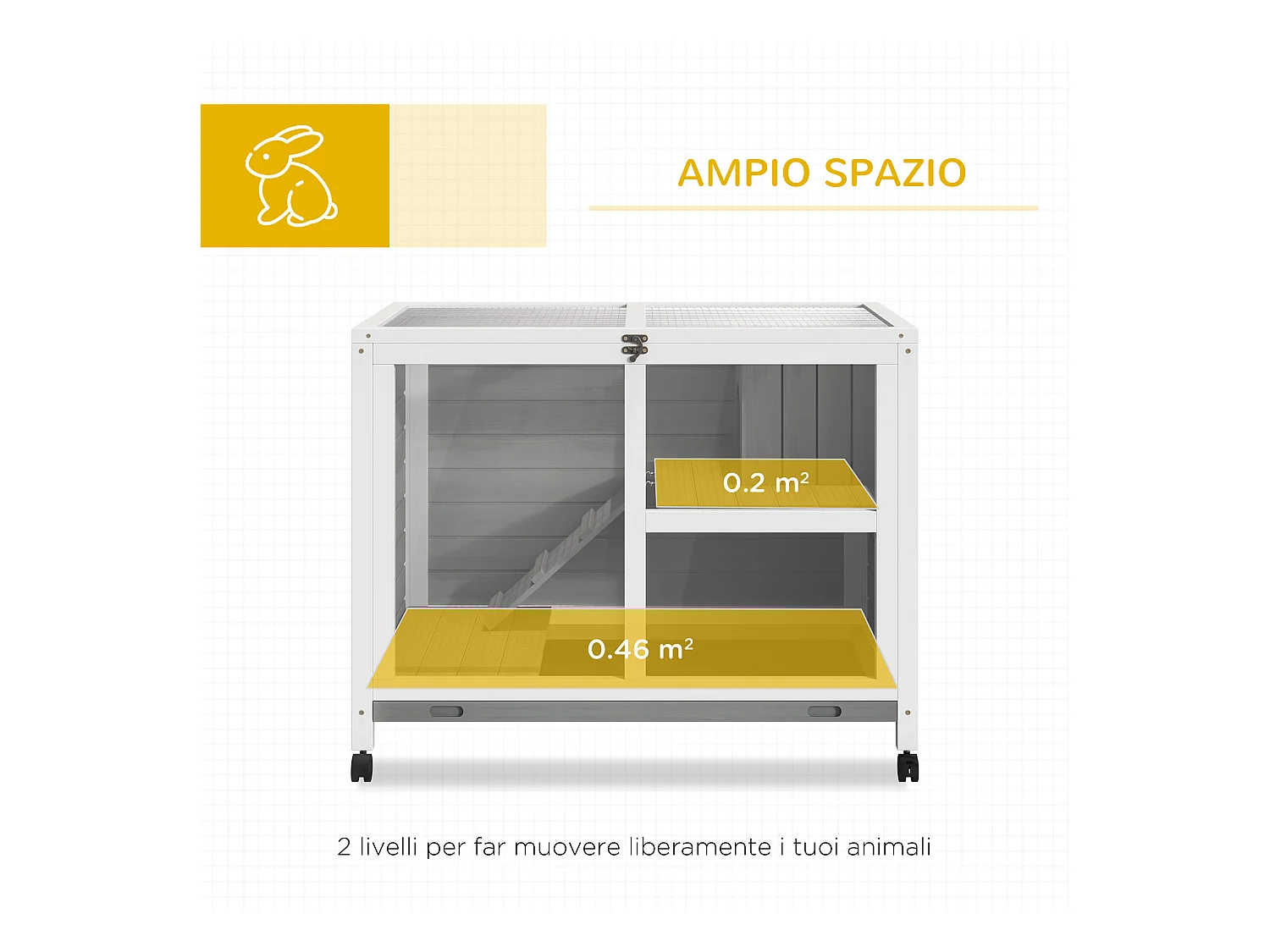 Conigliera in legno 2 piani con casetta rampa e vassoio estraibile