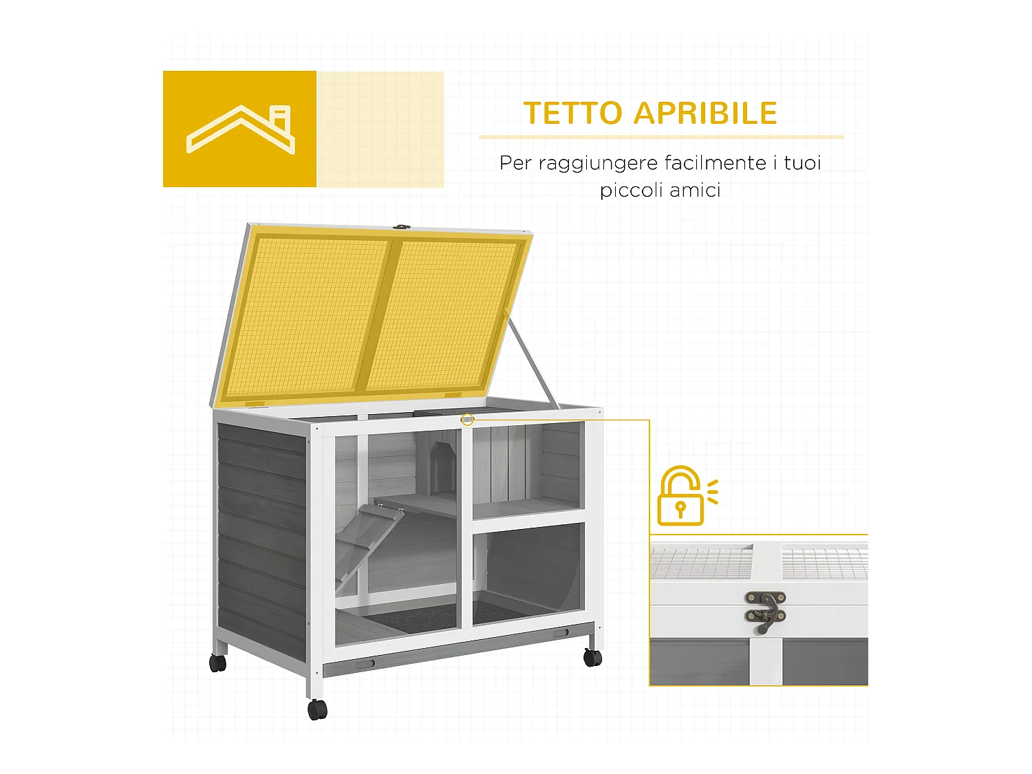 Conigliera in legno 2 piani con casetta rampa e vassoio estraibile