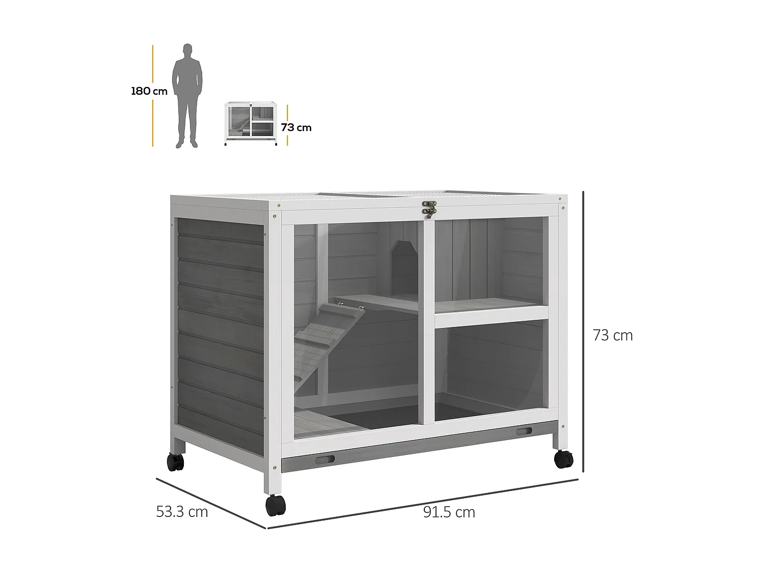 Conigliera in legno 2 piani con casetta rampa e vassoio estraibile