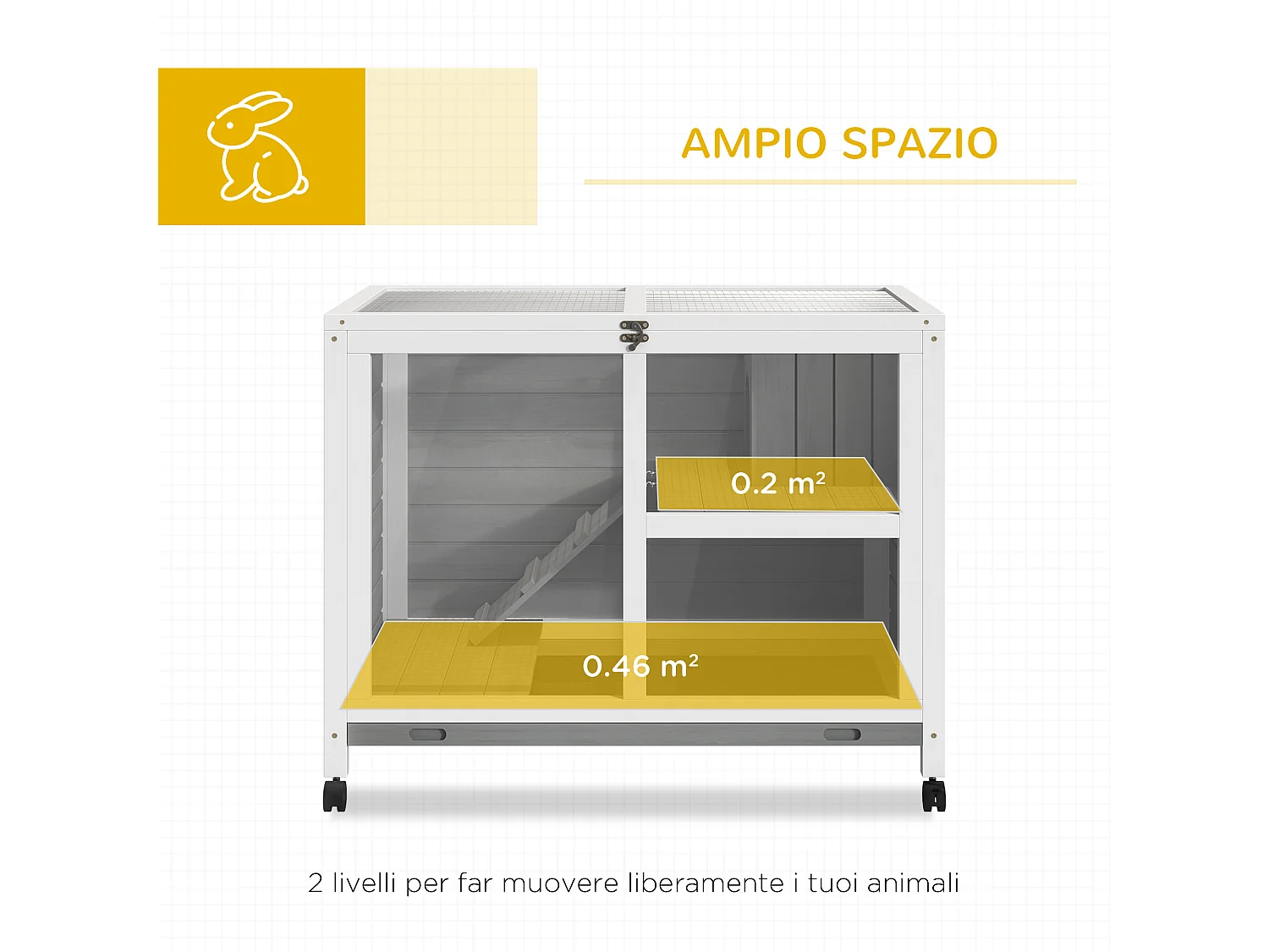 Conigliera in legno 2 piani con casetta rampa e vassoio estraibile