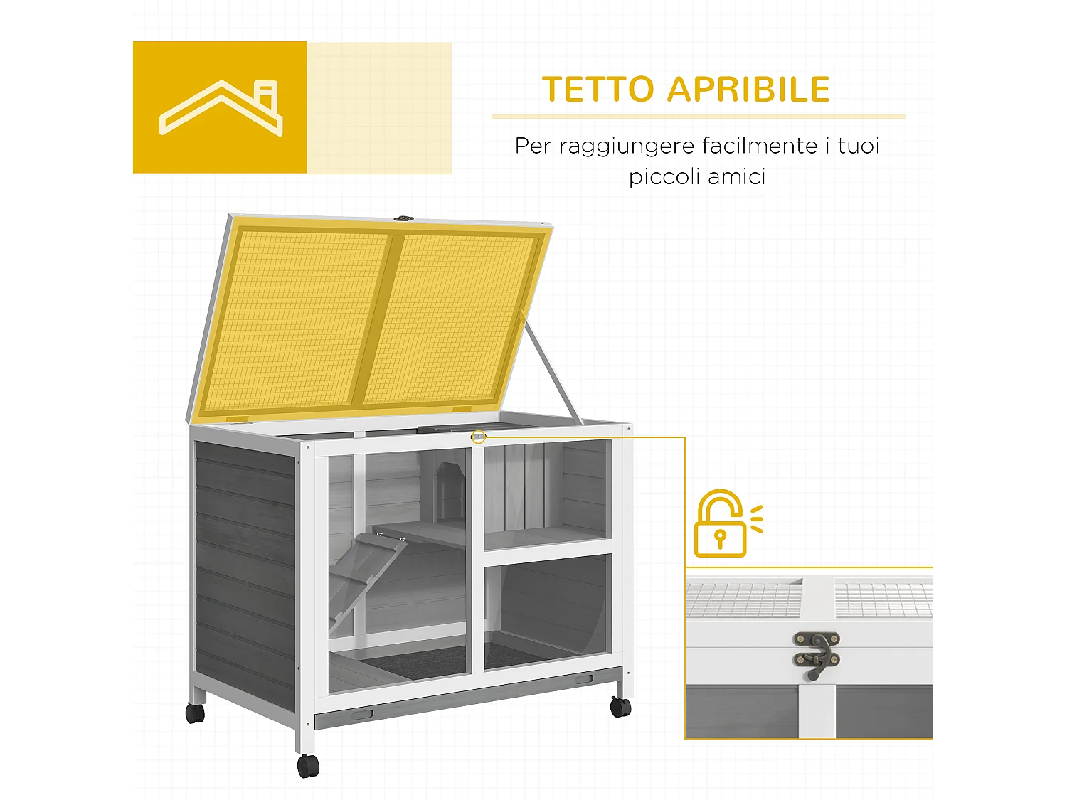 Conigliera in legno 2 piani con casetta rampa e vassoio estraibile