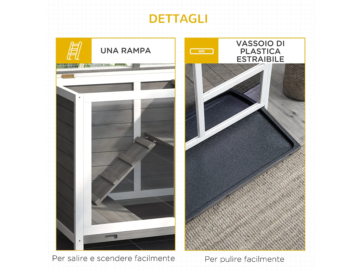 Conigliera in legno 2 piani con casetta rampa e vassoio estraibile