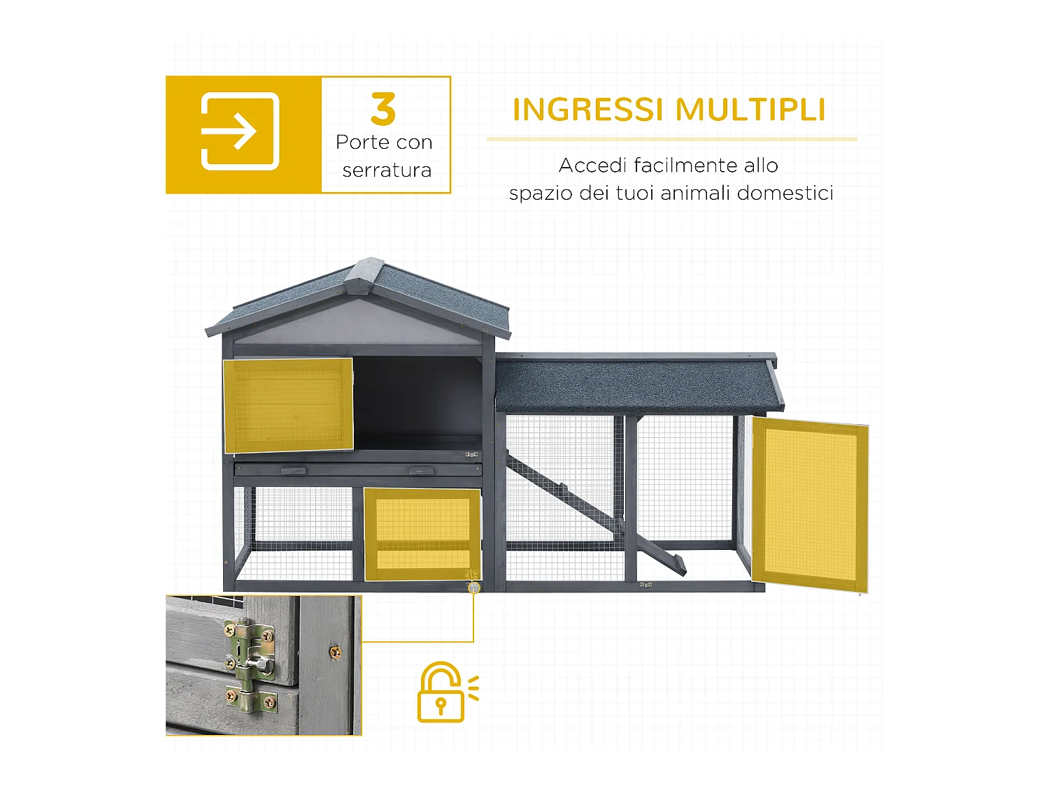 Conigliera in legno da esterno casetta con tetto e recinto