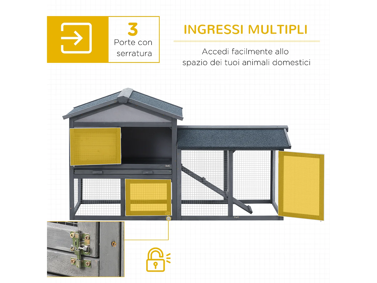 Conigliera in legno da esterno casetta con tetto e recinto