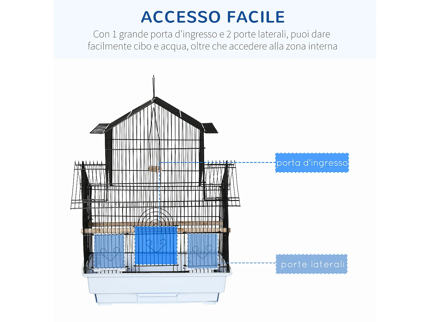 Gabbia per uccelli con maniglia e vassoio estraibile bianco