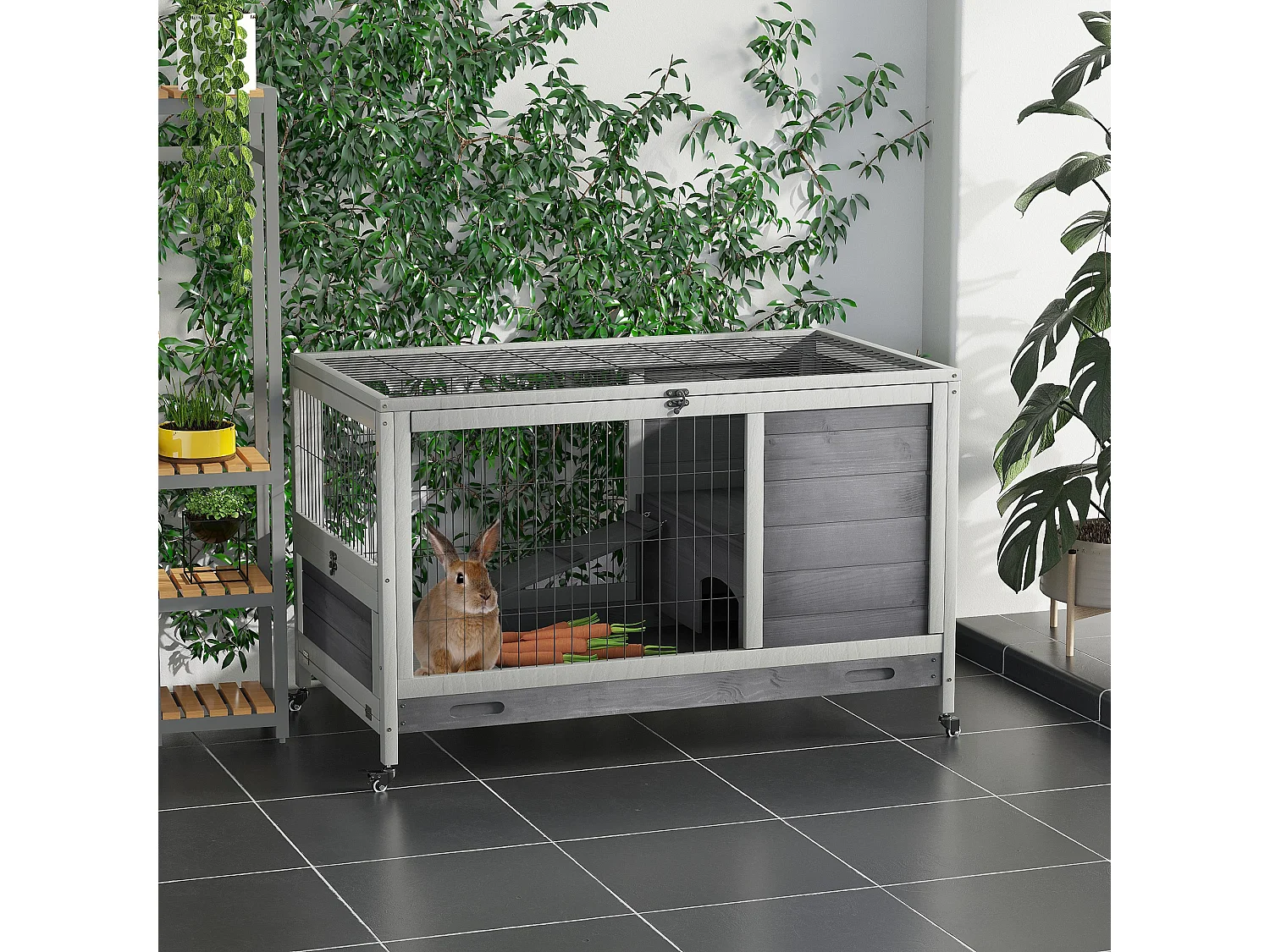 Conigliera in legno con 4 ruote, casetta per conigli e rampa grigio