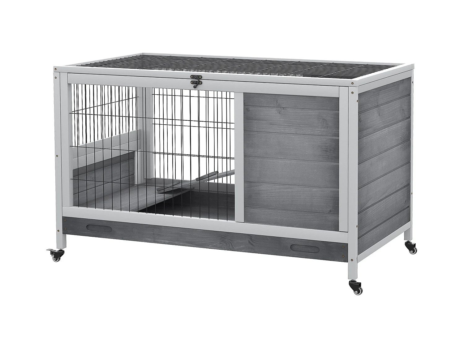 Conigliera in legno con 4 ruote, casetta per conigli e rampa grigio