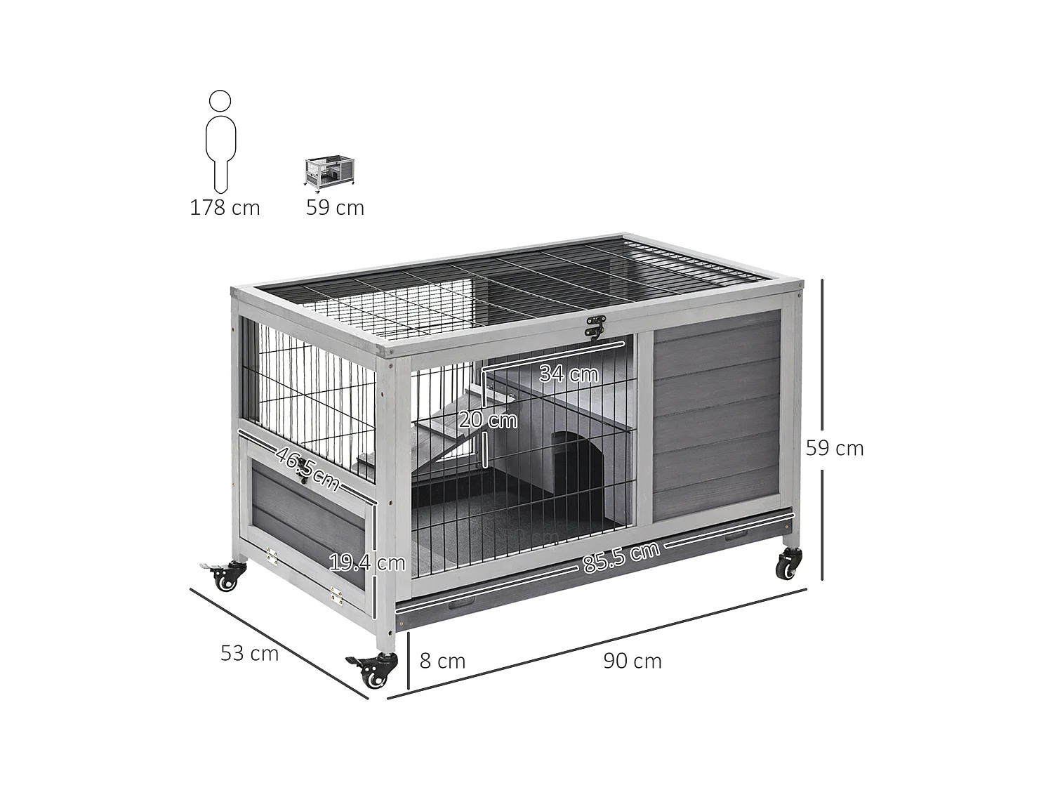 Conigliera in legno con 4 ruote, casetta per conigli e rampa grigio