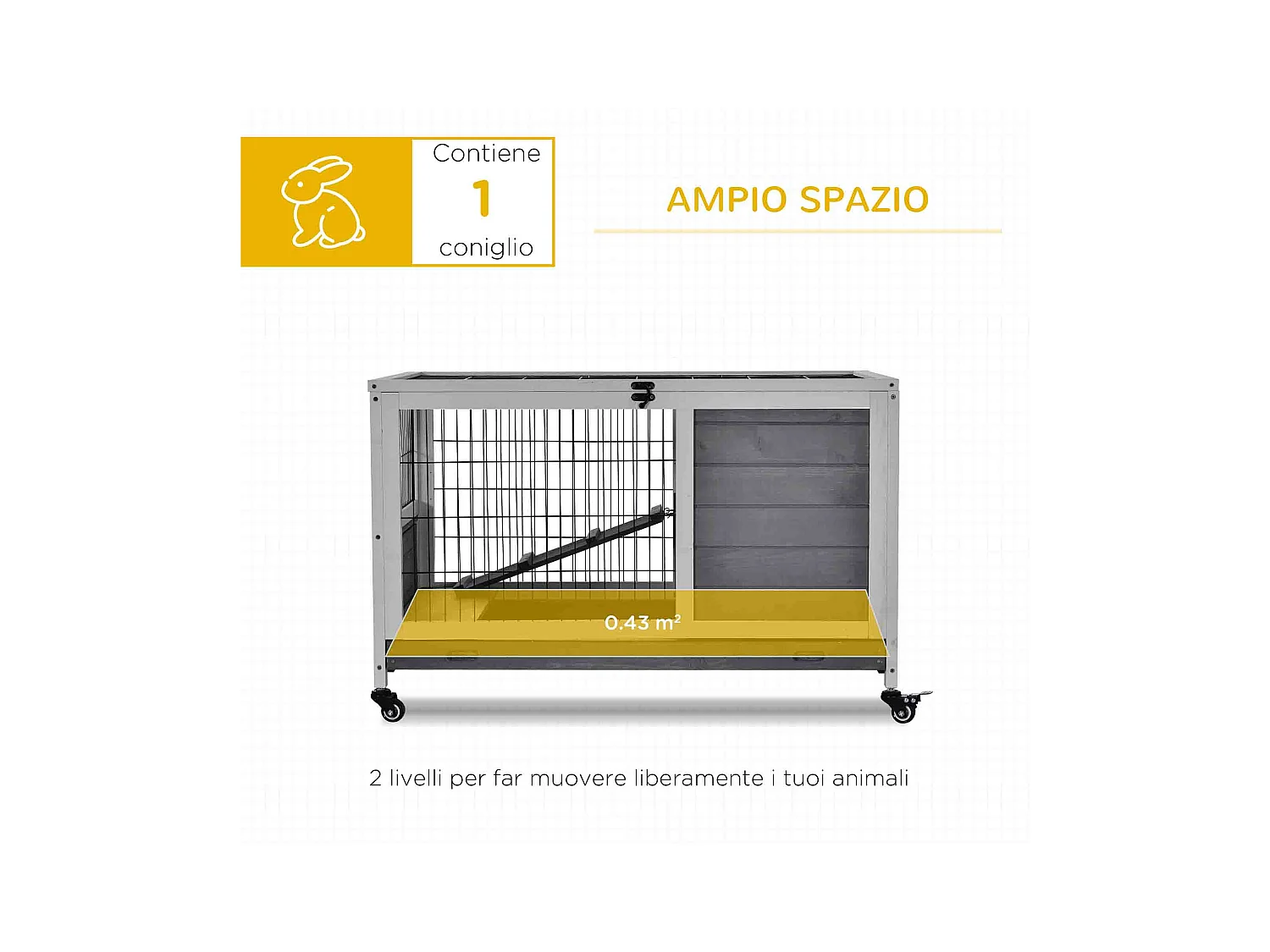 Conigliera in legno con 4 ruote, casetta per conigli e rampa grigio
