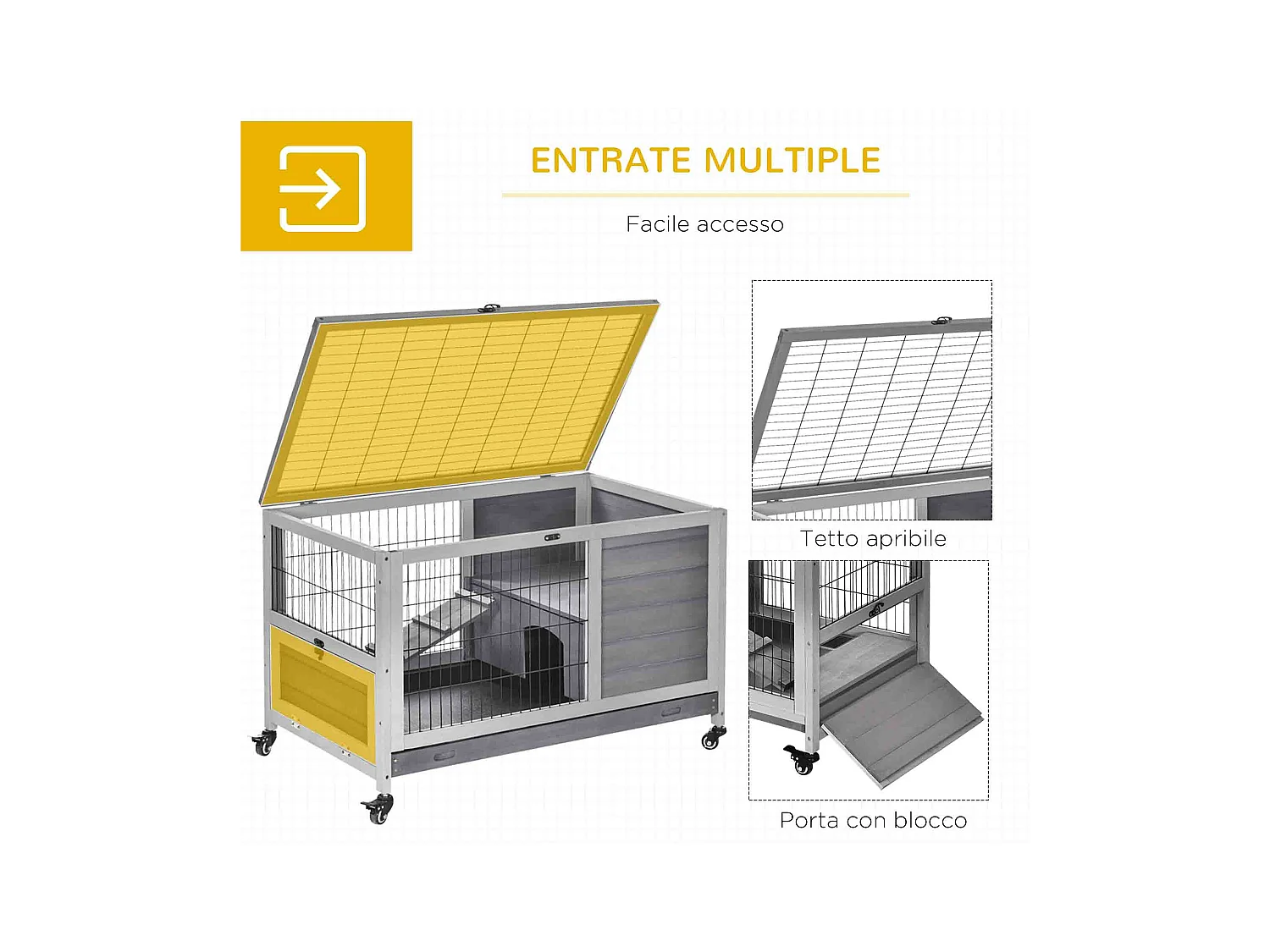 Conigliera in legno con 4 ruote, casetta per conigli e rampa grigio