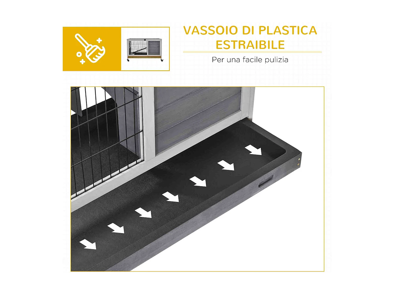 Conigliera in legno con 4 ruote, casetta per conigli e rampa grigio