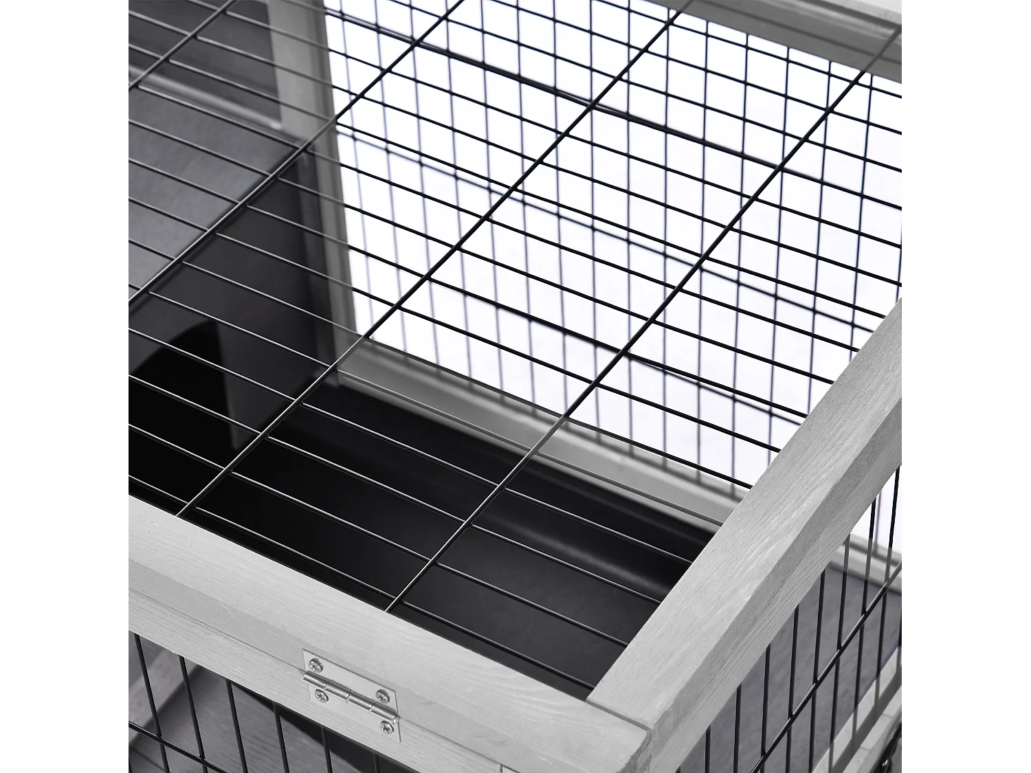 Conigliera in legno con 4 ruote, casetta per conigli e rampa grigio